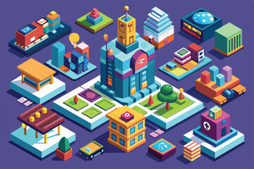 Wall Mural - Isometric illustration depicting a diverse cityscape with multiple buildings, shops, parks, and other structures, Collecting Customizable Isometric Illustration