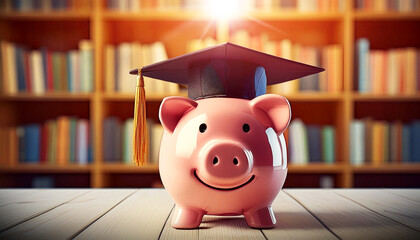 Wall Mural - Close-up of a smiling pink piggy bank wearing a graduation cap looking at camera on a white wooden desk in a library. Concept of savings for education. Generative Ai.