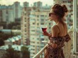 © Iulia - Stunning high resolution photographs of a young, fashionable, relaxed woman standing on the loggia of her house with a glass of red wine and looking at the evening modern city