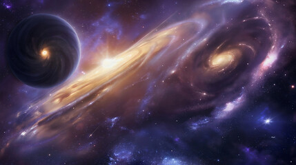 Wall Mural - illustration of purple planets with stars floating in galaxy universe or outer space. science fictio