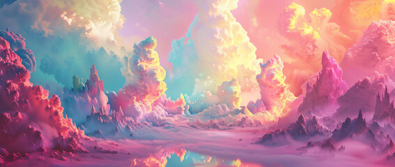 Wall Mural - A surreal digital painting of an endless sky filled with vibrant, swirling clouds in various colors, creating a dreamlike and fantastical atmosphere.