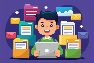 Sticker - Cartoon illustration of a young boy organizing personal files on his laptop, Digital personal files Customizable Cartoon Illustration