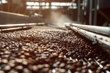 Wall Mural - A conveyor belt filled with lots of coffee beans, suitable for use in articles about food processing or industrial settings