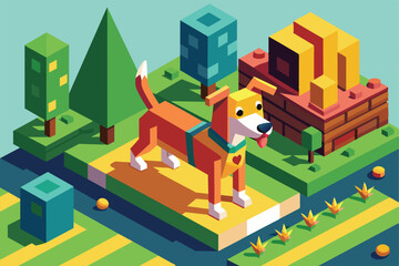 Sticker - An isometric illustration of a dog walking in a city park, surrounded by trees and buildings, Dog walking Customizable Isometric Illustration