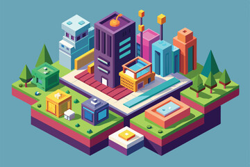 Wall Mural - A digital illustration of a modern cityscape with buildings, trees, and a pool, presented in an isometric style, Done Customizable Isometric Illustration