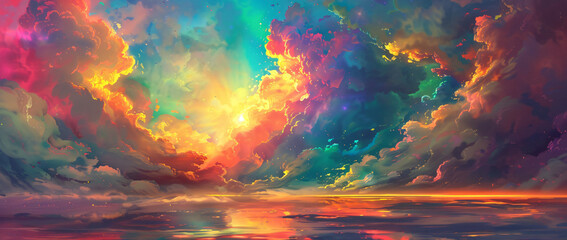Sticker - A surreal digital painting of an endless sky filled with vibrant, swirling clouds in various colors, creating a dreamlike and fantastical atmosphere.