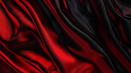 Fototapete - Black red abstract background for design Silk satin Dark red fabric Curtain drapery Color gradient Christmas New Year Valentine Banner Wide Long Panoramic Template : Generative AI