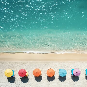 Aerial view of a beach with colorful umbrellas lined up along the shore and clear turquoise water.