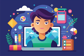 Sticker - An illustration of a woman working on a laptop with colorful design elements, Edit photo Customizable Flat Illustration