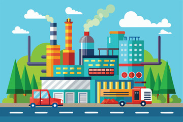 Poster - Illustration depicting a factory complex with tall smokestacks, buildings, and vehicles, Factory Customizable Semi Flat Illustration