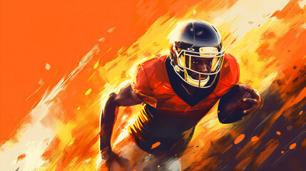 Black African American football sport player wearing uniform and helmet, holding a ball illustration. Copy space, quarterback athlete touchdown, professional rugby team, fast speed running
