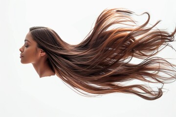 Poster - A woman with long brown hair being blown by the wind, possibly outdoors