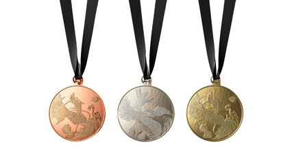 Wall Mural - Closeup of three medals, silver, bronze and gold or golden medal isolated on white background. Competition champion or winner award, success badge, first place prize or reward for best, 1st, 2nd, 3rd