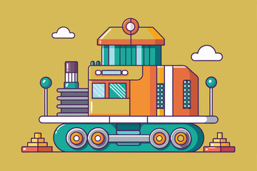 Wall Mural - A colorful illustration of a futuristic vehicle with a yellow, orange, and teal color scheme, Fitting piece Customizable Semi Flat Illustration