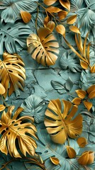 Wall Mural - Creative nature gold layout made of tropical leaves. Summer concept. Fern Palm and monstera leaf on wall textures. AI generated illustration