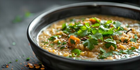 Wall Mural - Closeup of garnished Haleem a traditional dish enjoyed during Ramadan season. Concept Ramadan Recipes, Traditional Dishes, Food Photography, Garnished Haleem, Closeup Shots