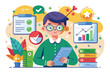 © Iftikhar alam - Illustration of a student with glasses, holding a checklist for customizable grades, Grades Customizable Disproportionate Illustration