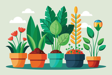 Canvas Print - Six potted plants, each with unique foliage and colors, are depicted in a whimsical illustration, Growing Customizable Disproportionate Illustration