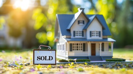 Canvas Print - Close-up of a small house model with a miniature sold sign in front of it, symbolizing a successful sale. 