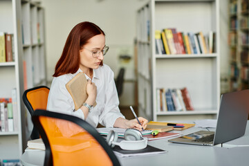 Wall Mural - A female tutor with red hair providing an after-school lesson online, using a laptop at a desk in a library setting.