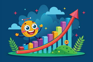 Poster - A cartoon character rides a red arrow pointing upward along a growth curve, Growth curve Customizable Cartoon Illustration