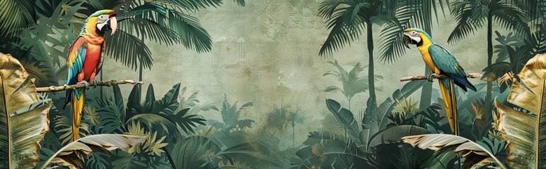 Jungle mural wallpaper design with parrot, colorful design, tropical and exotic. AI generated illustration