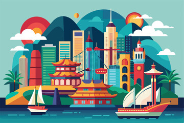 Poster - Vibrant illustration of Hong Kong cityscape with iconic buildings & picturesque harbor, Hong kong Customizable Semi Flat Illustration