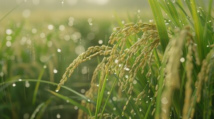 Wall Mural - The rice growing in the field is beginning to mature