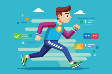 Wall Mural - A cartoon illustration of a man jogging with a blue sky background, Jogging Customizable Disproportionate Illustration