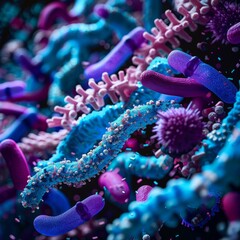 Wall Mural - Close up of bacteria and virus cells in laboratory setting with bright blurred background