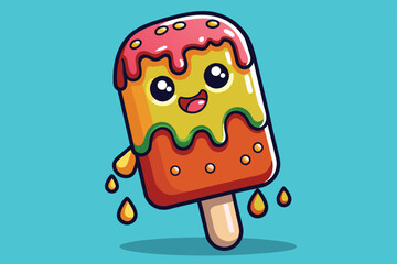 Poster - A cartoon illustration of a smiling, melted popsicle dripping with colorful ice cream, Melted ice cream Customizable Cartoon Illustration