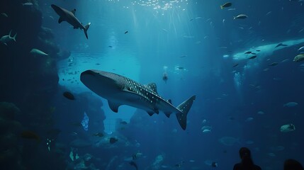 Okinawa Aquarium 4K with Beautiful Whale sharks and various kinds of fish swimming in the main tank Silhouettes of People observing fish at the aquarium Location Okinawa Churaumi Aquar : Generative AI