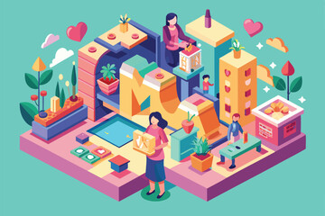 Sticker - A colorful isometric illustration of a family celebrating Mothers Day with a cityscape made from the word MUM, Mother's day Customizable Isometric Illustration