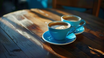 Aufkleber - Closeup image of two blue cups of hot latte coffee and Americano coffee on vintage wooden table in cafe : Generative AI