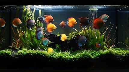 Poster - Vibrant Planted Aquarium with schooling of Tropical Fish such as wild discus Altum Angelfish and small tetra etc : Generative AI