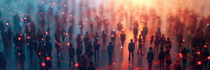 a sea of human silhouettes against a backdrop of dense networking lines portraying themes of social 