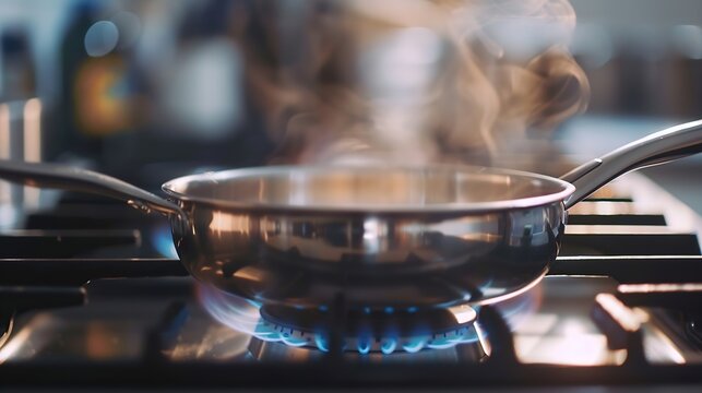 stainless pan on the hob cooking on a gas stove the cost of gas in Europe : Generative AI