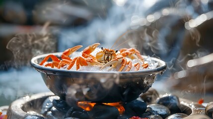 Wall Mural - Steam food crab on dish in the waterfall mountains