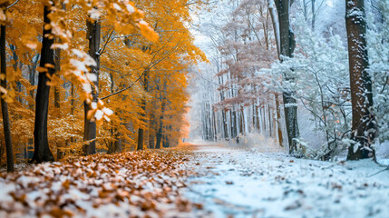 Wall Mural - Contrast between fall or autumn and winter in forest trees nature outdoors. Yellow or orange vs white color. Different seasons, opposite, climate, calendar