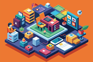 Canvas Print - An isometric illustration depicting a modern office workspace with a person working at a desk, Product hunt Customizable Isometric Illustration