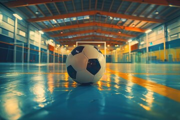 Wall Mural - A soccer ball sits on a blue floor, ready for play