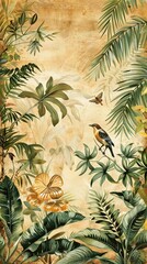 Wall Mural - Modern wallpaper. Watercolor jungle illustration. Crane bird elements, watercolor painting wallpaper. Mural wallpaper. AI generated illustration