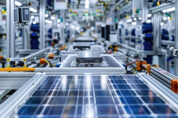 Canvas Print - A factory production line featuring rows of solar panels on a conveyor belt, ideal for use in business, technology, or environmental contexts