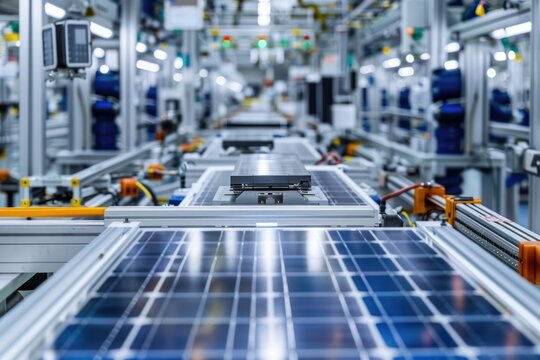 A factory production line featuring rows of solar panels on a conveyor belt, ideal for use in business, technology, or environmental contexts