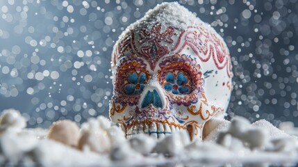 Wall Mural - Chilling sugar skull surrounded by granulated sugar