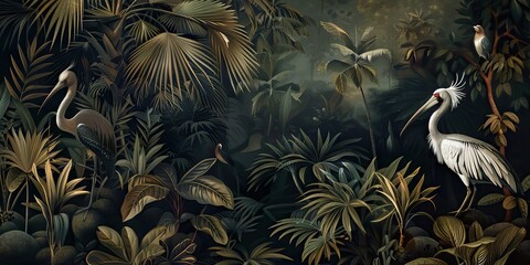 Wall Mural - Illustration of tropical wallpaper print design with palm banana leaves and exotic birds on canvas texture. Tropical plants and birds on textured background. AI generated illustration