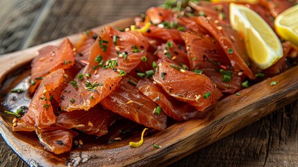 Wall Mural - Appetizing slices of dried salmon, served with lemon slices and herbs.