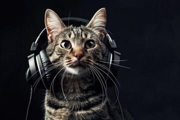 Wall Mural - A curious cat wearing headphones stares directly at the camera