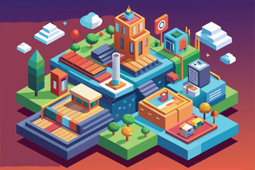 Canvas Print - Isometric illustration depicting a modern city with colorful buildings, trees, and clouds, Share link Customizable Isometric Illustration