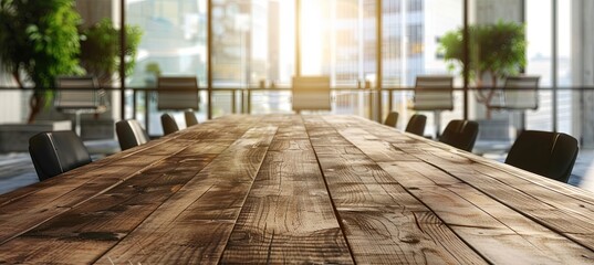 Wall Mural - empty and clean wooden table with blurry office room